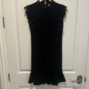 Rebecca Taylor Black Ruffle-Trim Collar Sleeveless Dress with Flounce Hem.